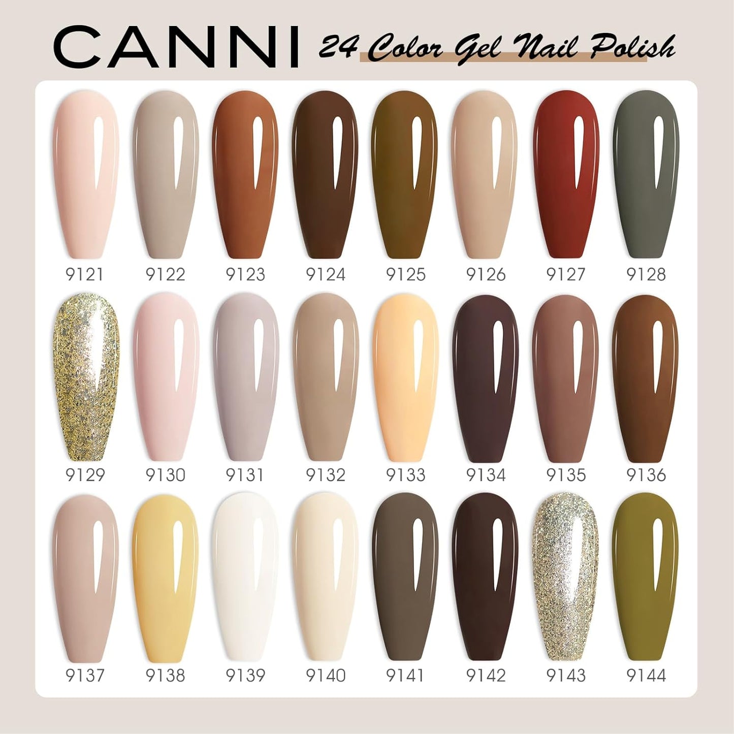 CANNI 30Pcs Hema-Free Gel Nail Polish Set | Nude, Brown, Red, Glitter & Gold - 9ML Soak Off Kit for DIY Nail Art