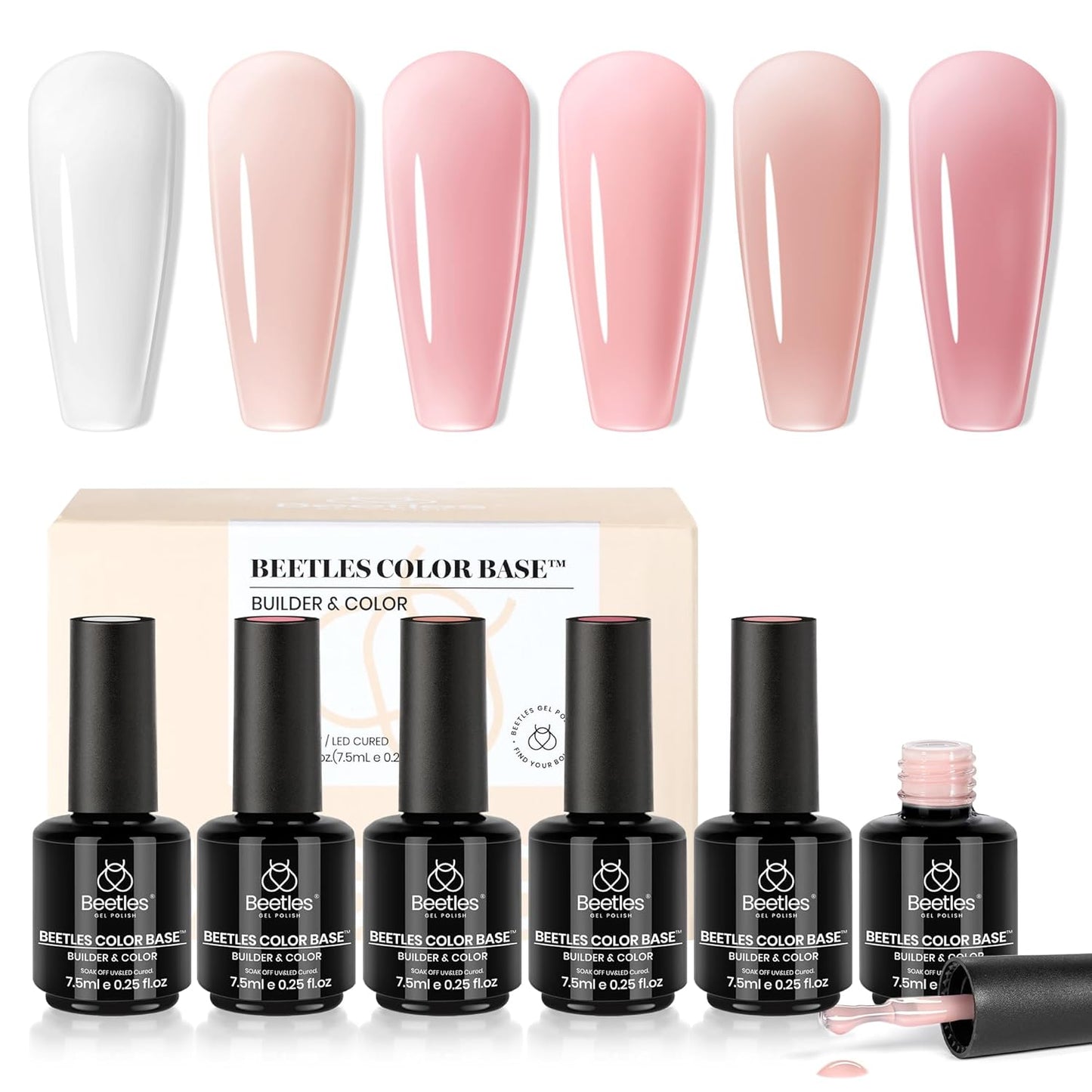 Beetles Base Color Gel Nail Polish Set - 6 Nude Shades | 5-in-1 Builder Rubber Base Coat for Strengthening Natural Nails