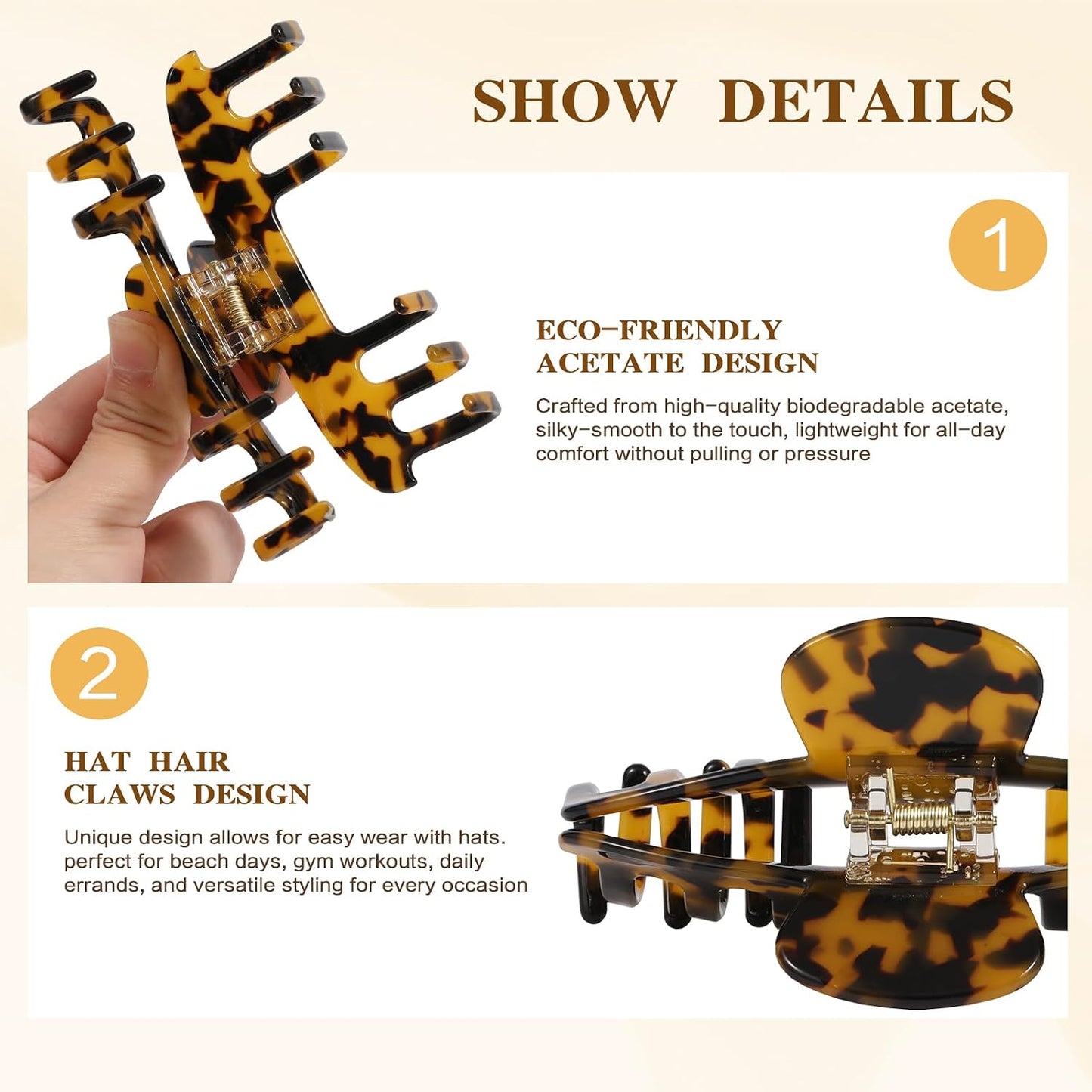 Large Hat Claw Clips for Women - Non-Slip Tortoise Shell Design | 2 Pcs Hair Accessories for Baseball Caps