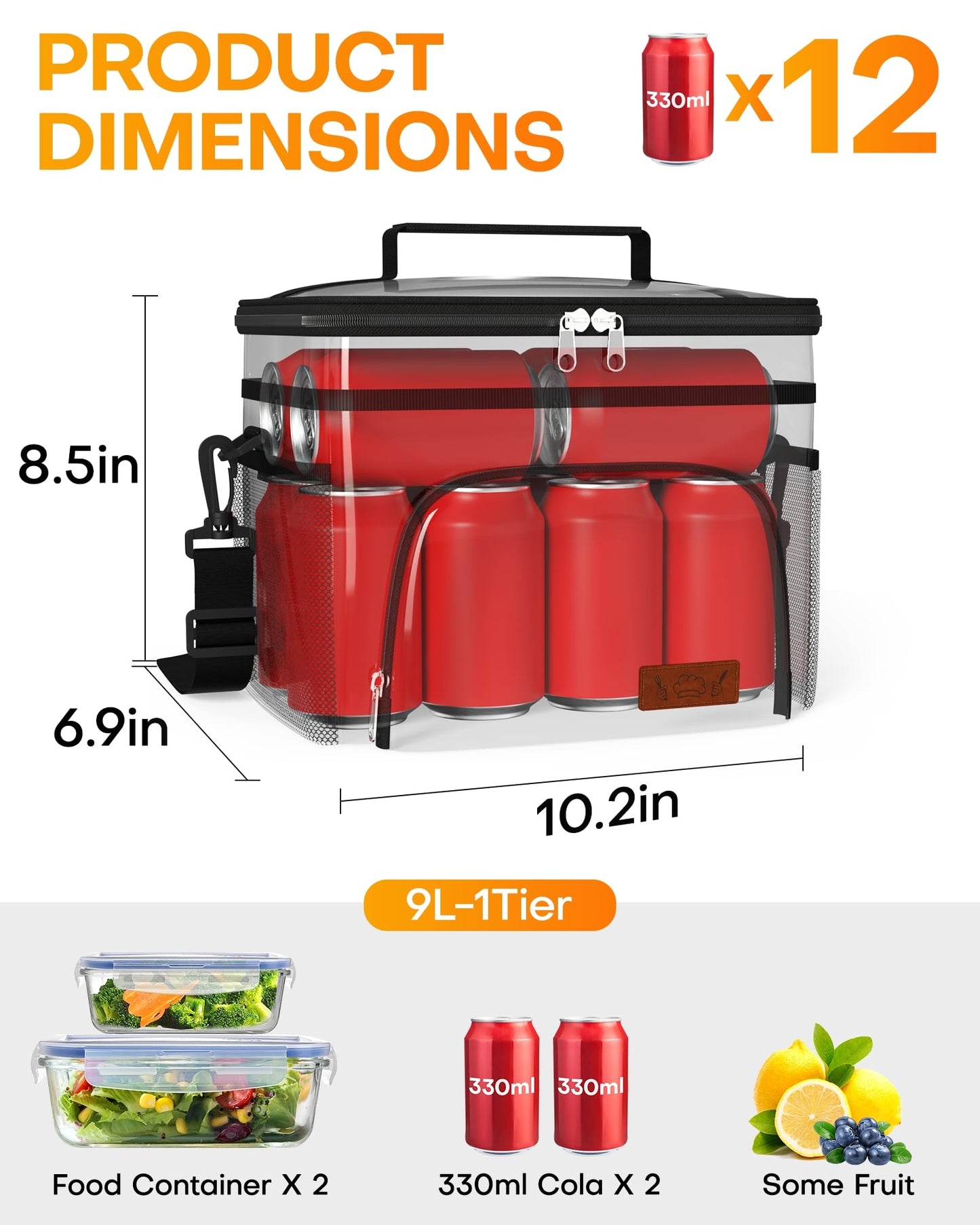 HOTOR Insulated Lunch Box for Men & Women - Leak-Proof Cooler Lunch Bag with 4 Pockets, Adjustable Strap, Ideal for Work, Picnic, Travel - Medium, Black, 10.2"×6.9"×8.5"