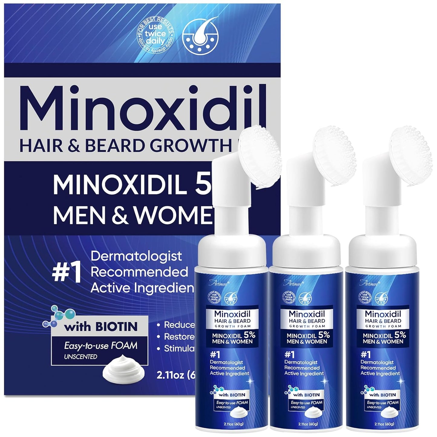 Minoxidil Foam for Men & Women | Hair Growth Treatment with Biotin & Castor Oil | 180ML - 3 Packs