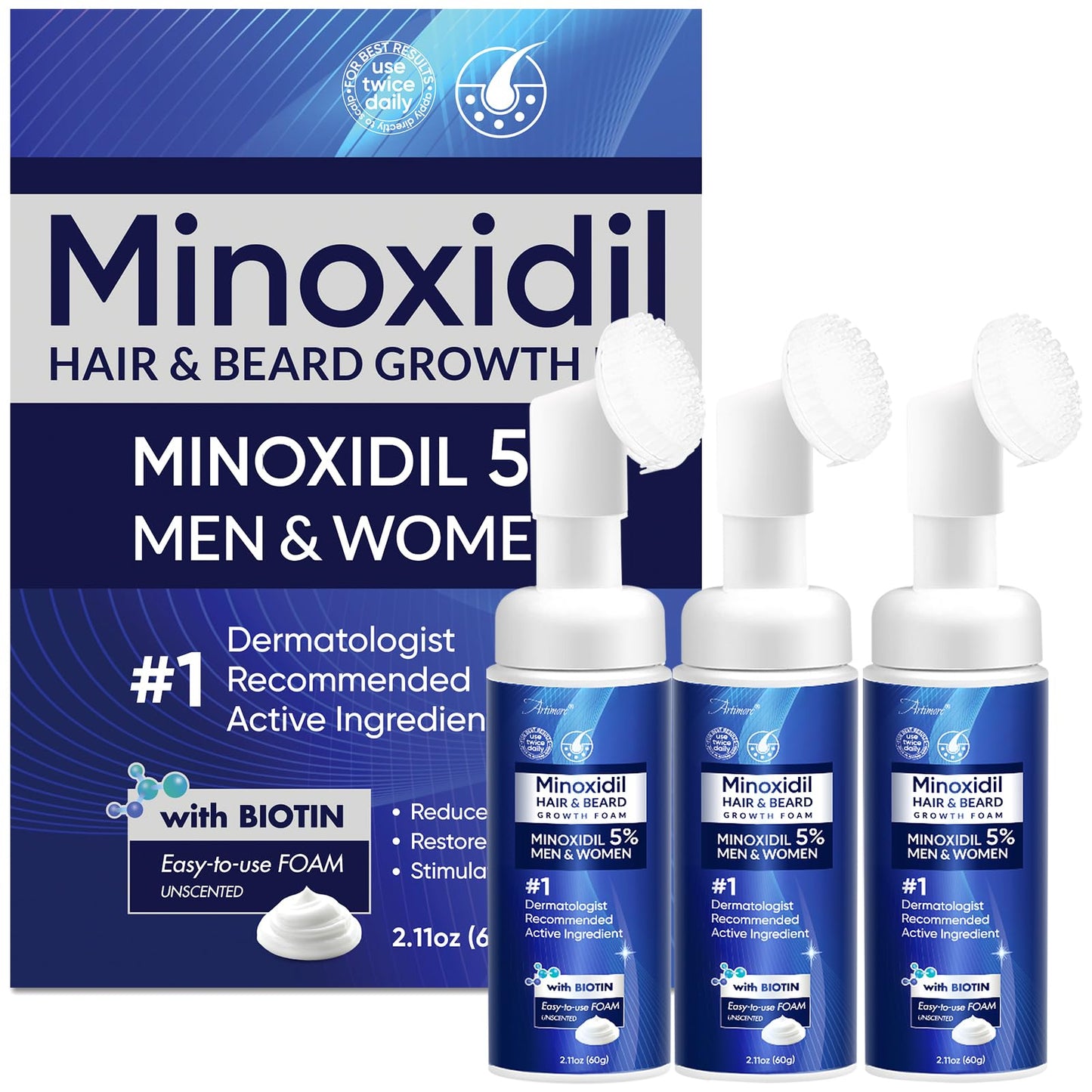 5% Minoxidil Foam for Men, Minoxidil for Men Foam, Minoxidil for Women Hair Growth with Biotin & Castor Oilfor Thicker, Fuller Hair, Fast-Absorbing Formula 180ML-3 Packs