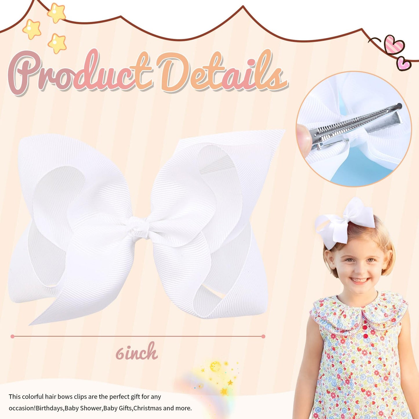 2PCS Oaoleer Layered Grosgrain Ribbon Alligator Hair Clips, White 6-inch Barrettes for Girls, Infants, Toddlers, Kids, and Teens