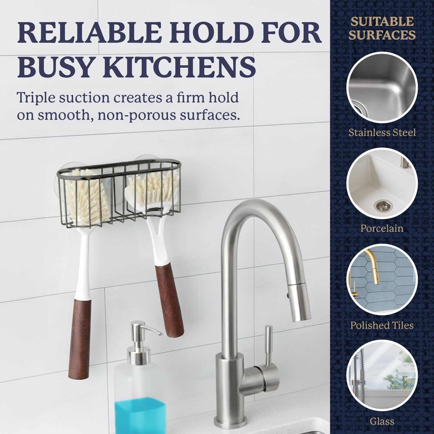 Farberware Sponge Holder for Kitchen Sink—Brushed Metal Sink Caddy Organizer with Triple Suction Cups, Kitchen Organizer for Sponges, Brushes, Soap & Cleaning Essentials