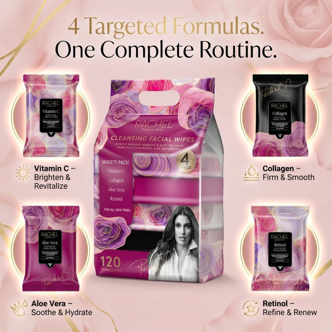 Rachel Roy Face Wipes - Cleansing Makeup Remover Wipes with Vitamin C, Retinol & Aloe Vera | 120 Pack