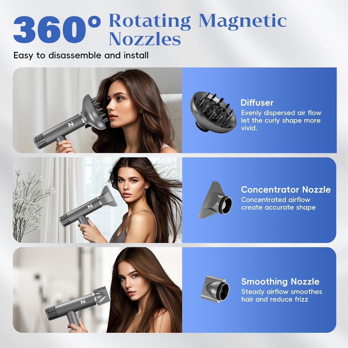 Natrial Ionic Professional Hair Dryer with Diffuser for Curly Hair,1600W&110000RPM High Speed Blow Dryer for Women,Fast Drying,Lock Function,Low Noise,Lightweight for Home Travel Salon,Grey