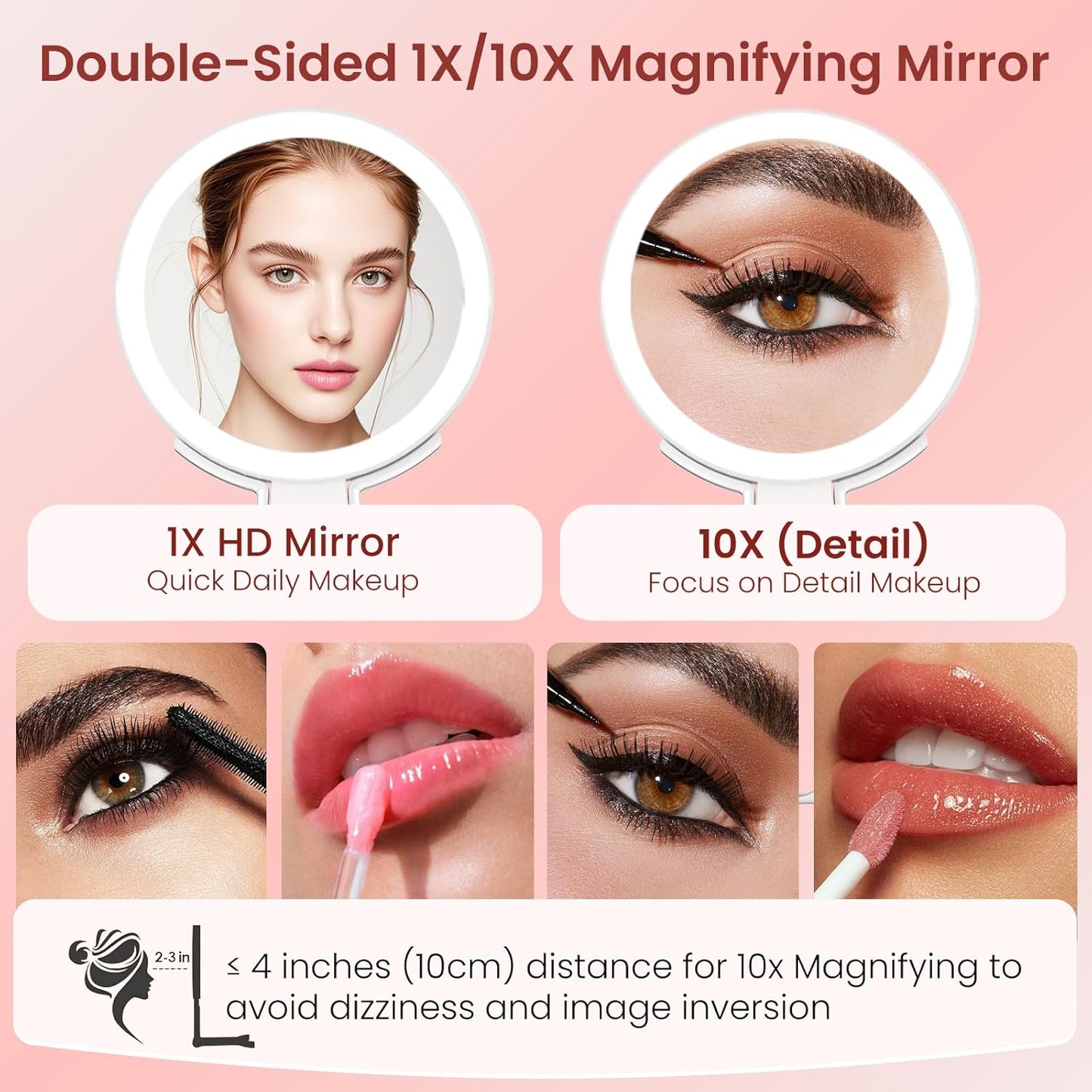 Makeup Mirror with Lights - Double-Sided 10X Magnification | Portable Rechargeable 3-in-1 Design