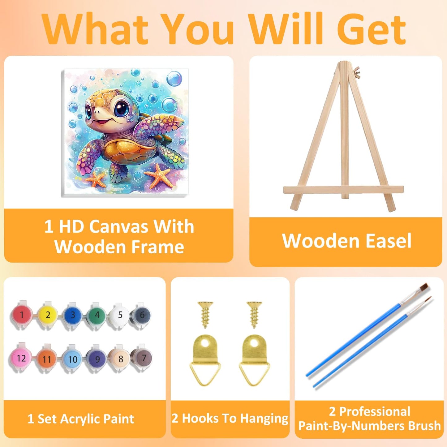Mandun Paint by Numbers Kit for Kids with Frame, Sea Turtle Paint by Numbers for Kids Ages 4-8-12, DIY Turtle Acrylic Oil Painting for Home Wall Art Decor Gift 7.8x7.8 inch (with Frame Easel)