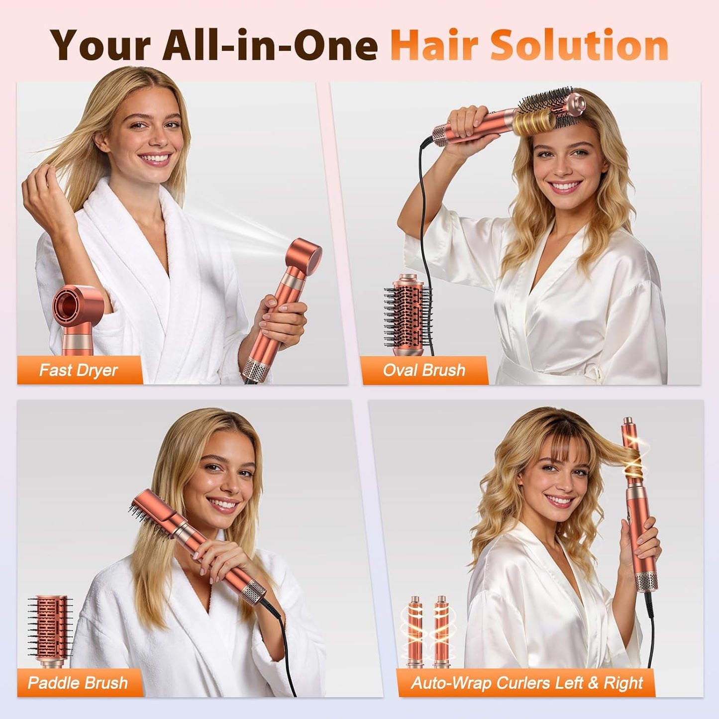 5 in 1 Blow Dryer Brush Set - Upgrade Your Hair Styling with High-Speed Hot Air Brush, Curling & Paddle Features | Travel-Friendly Amber