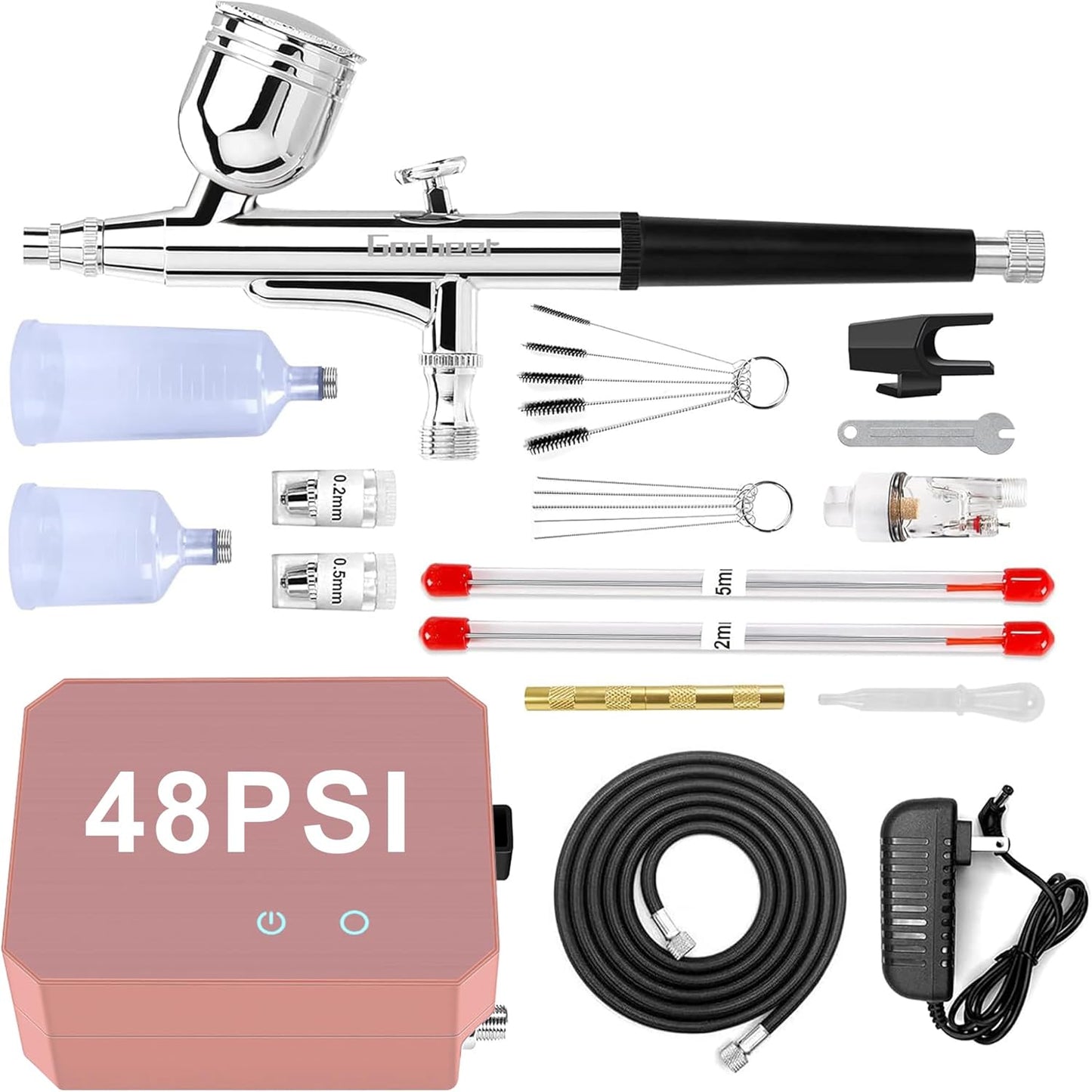 Airbrush Kit with Air Compressor - High Pressure 40 PSI, Non-Clogging | 0.2/0.3/0.5mm Nozzles for Painting, Modeling, Makeup