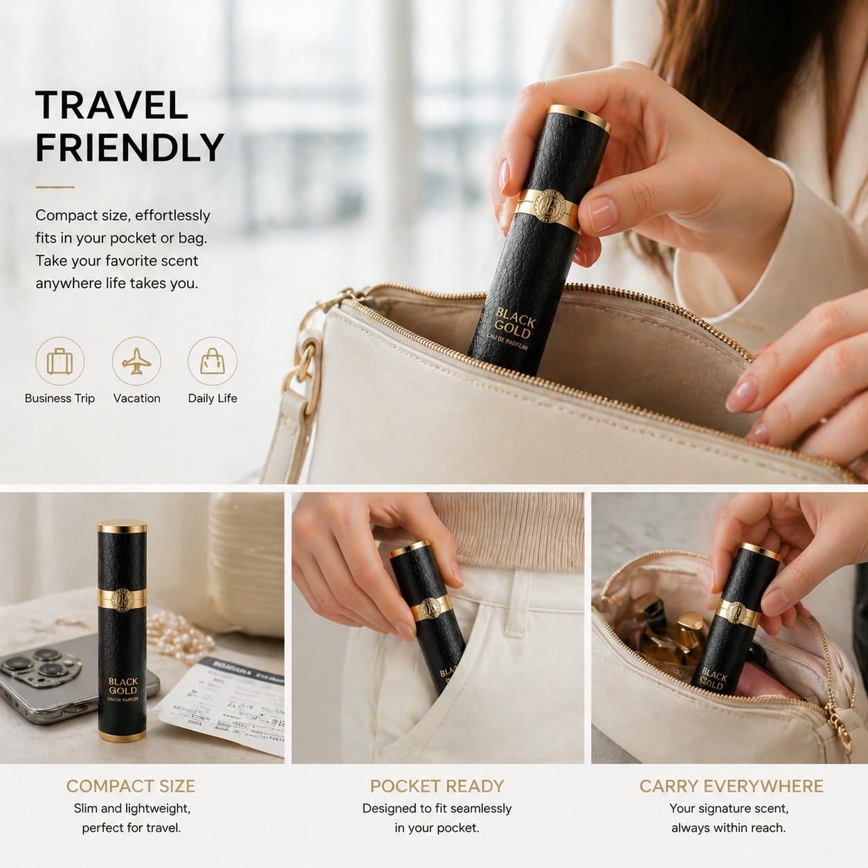 Black Gold Perfume Gift Set for Women - Mini Travel Kit | Long-Lasting Spicy Woody Fragrance with Bergamot, Black Vanilla & Sandalwood