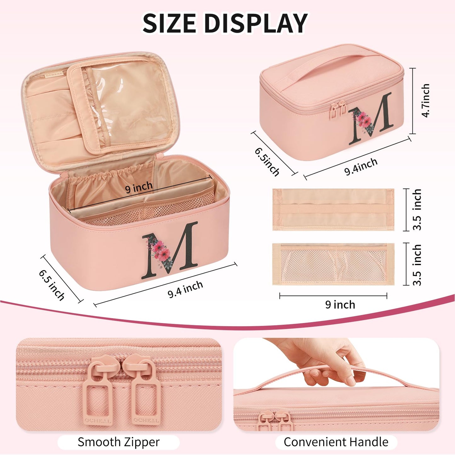 OCHEAL Initial Makeup Bag,Monogram Make up Bag Pink Travel Makeup Organizer Case Beauty Toiletry Cosmetic Bag with Brush Holder, Trendy Stuff Personalized Gifts for Women and Girls-M