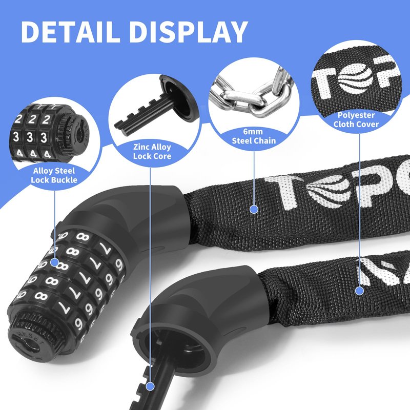 Topcrown Bike Chain Lock 3.2Ft Long High Security Heavy Duty Anti Theft, 5 Digit Combination Resettable Keyless Bicycle Lock for Bike/Electric Scooter/Ebike/Motorcycle(Black)