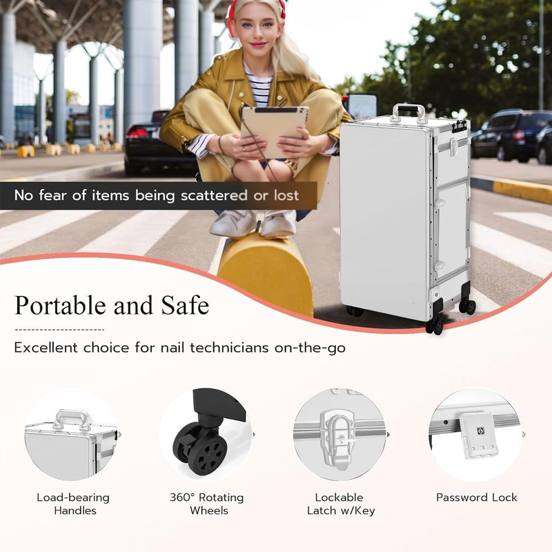 Portable Nail Desk - LED Mirror, Foldable Manicure Table with 3 Drawers | Mobile Nail Tech Workstation (White)