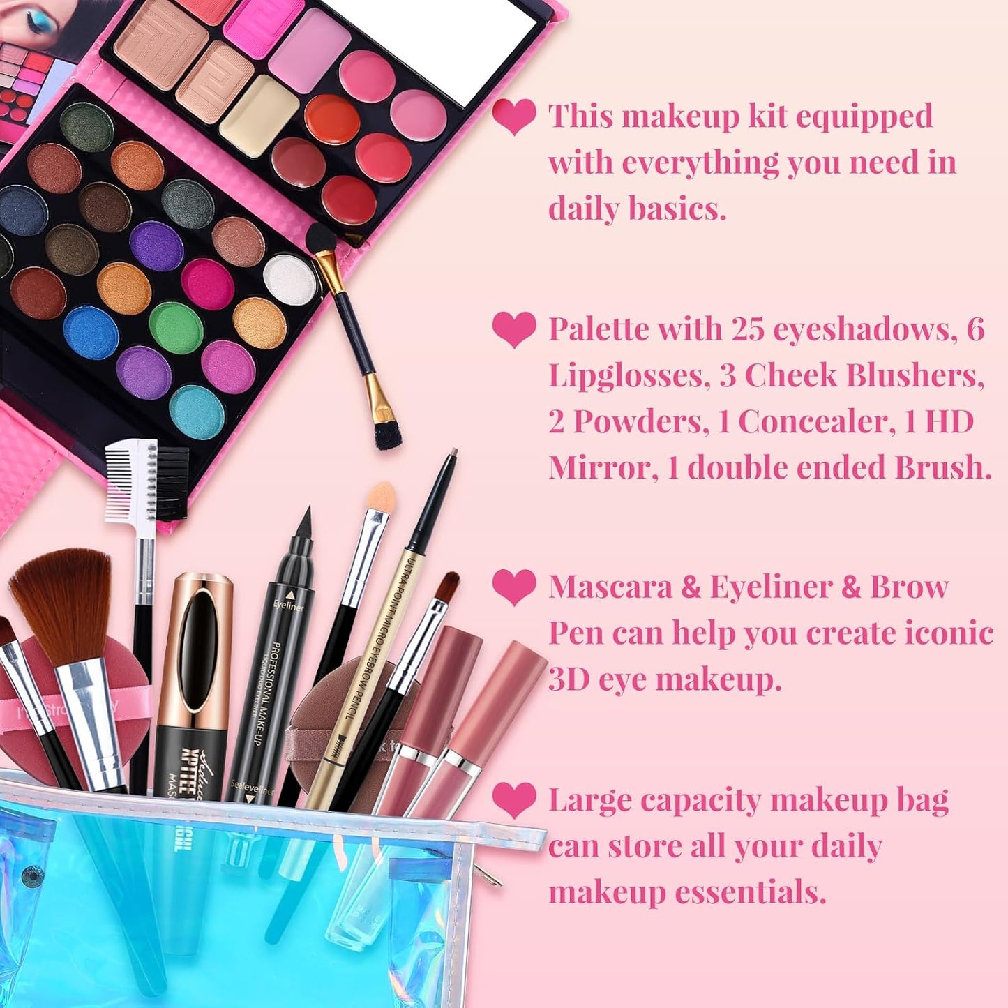 Makeup Set for Women - 32 Color Palette with Brushes, Eyeliner & Lipsticks | Complete Gift Kit