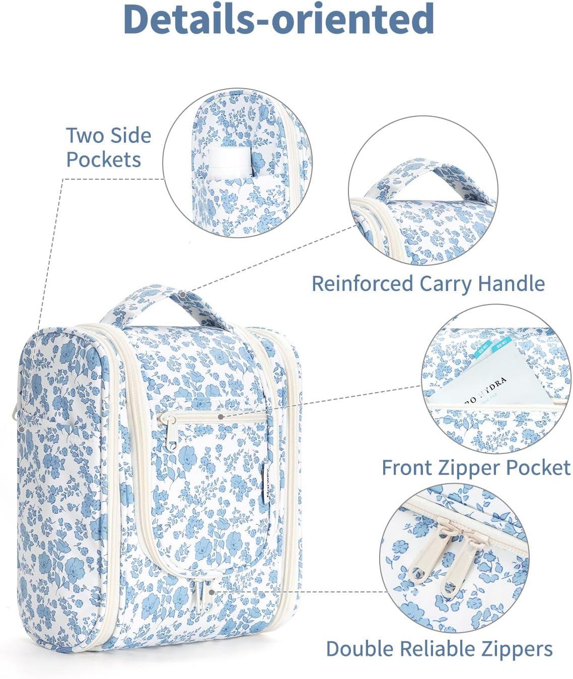 Narwey Hanging Toiletry Bag - Travel Makeup Organizer for Women | Medium Blue Floral Design