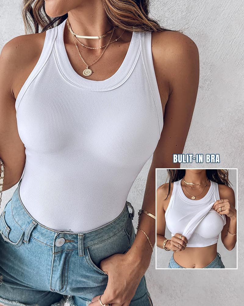 CHICME Women Built-in Bra Tank Tops Sleeveless Casual Shirts Racerback Ribbed Tank Tops White-M