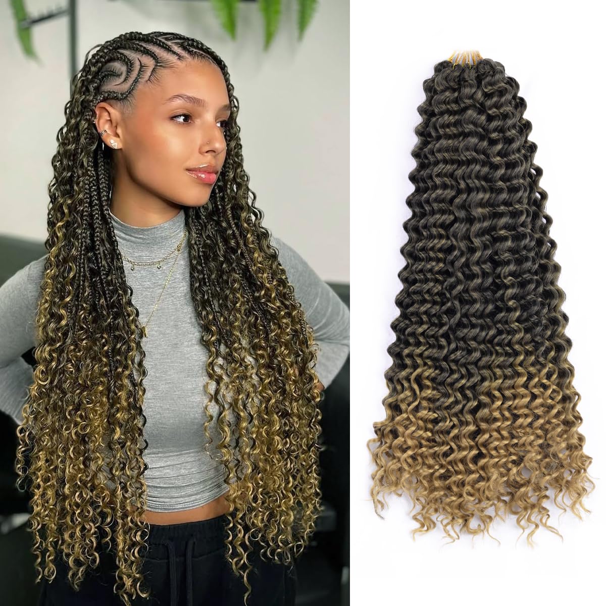 Ocean Wave Crochet Hair Extensions - Deep Wave Synthetic Braiding Hair for Women | 24 Inch, #1B (Pack of 2)