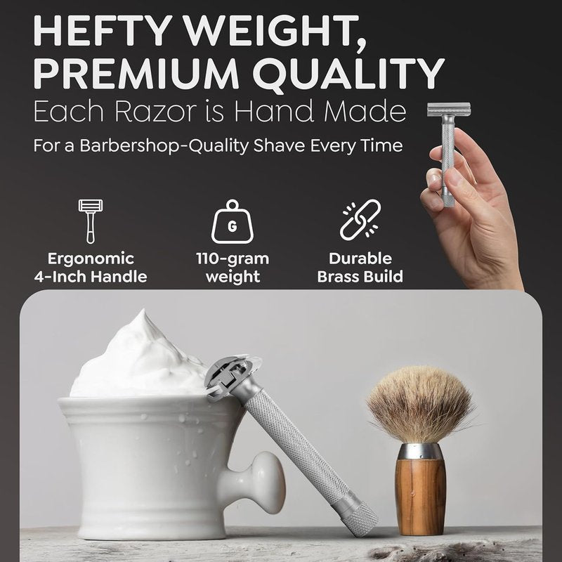Parker THE VARIANT CLOSED COMB - ADJUSTABLE Double Edge Safety Razor, Customize your Shave with a Turn of the Dial from Mild to Aggressive - 5 Blades Included (SATIN CHROME)