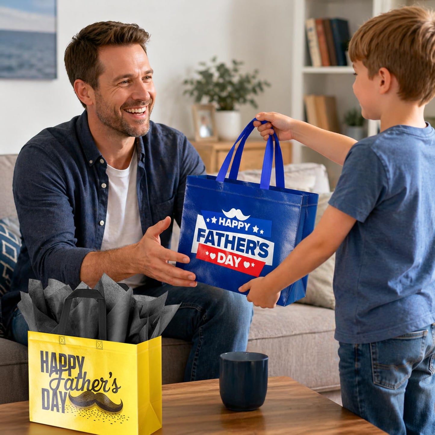 ysmile 2 Pack Fathers Day Gift Bag with Tissue Paper Medium Size, Reusable Non Woven Fathers Gifts Bag with Handle for Dad, Grandpa