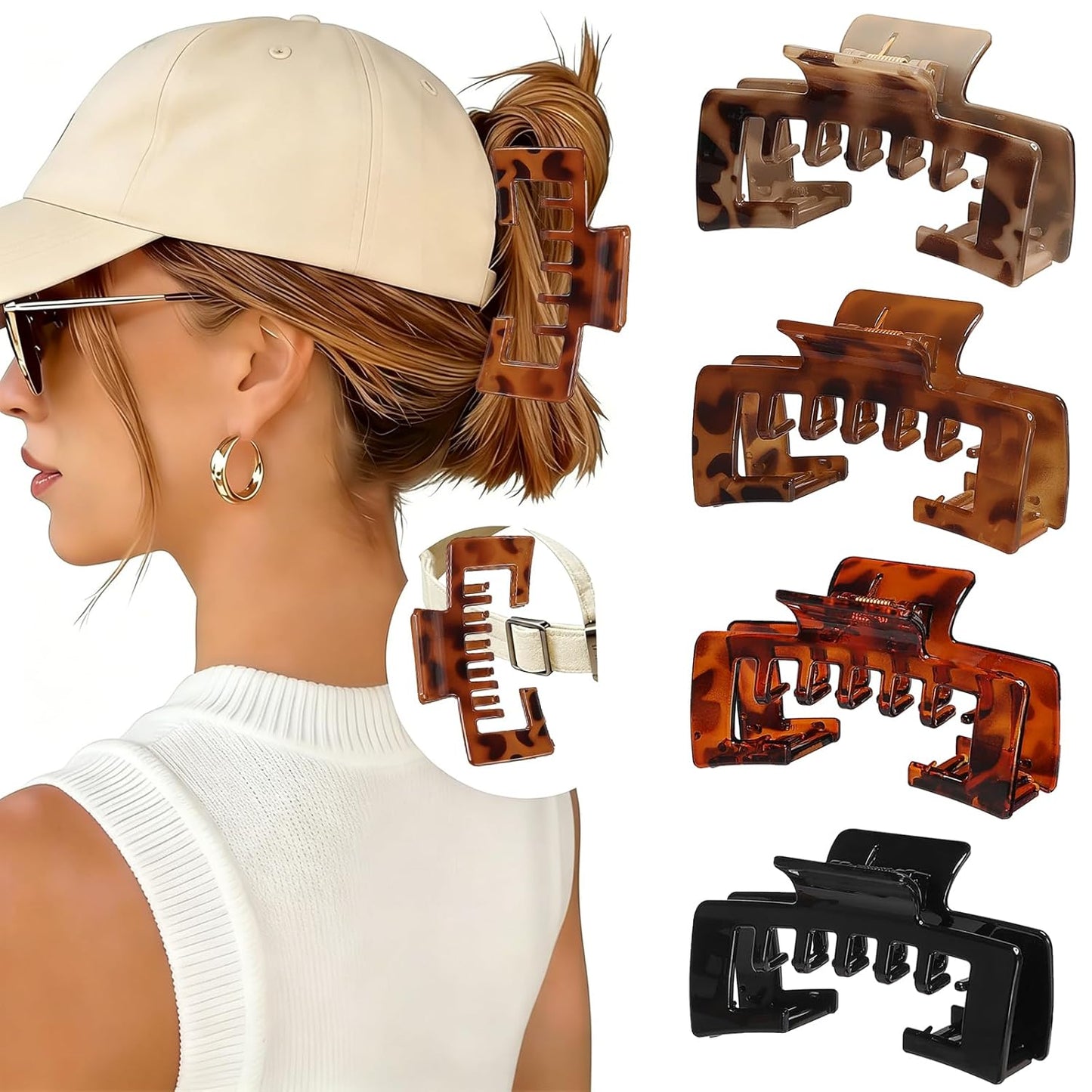 Hat-Friendly Claw Clips - 4 Pack Large Strong Hold Clips for Baseball Caps | Matte Finish Hair Accessories for Thick or Thin Hair