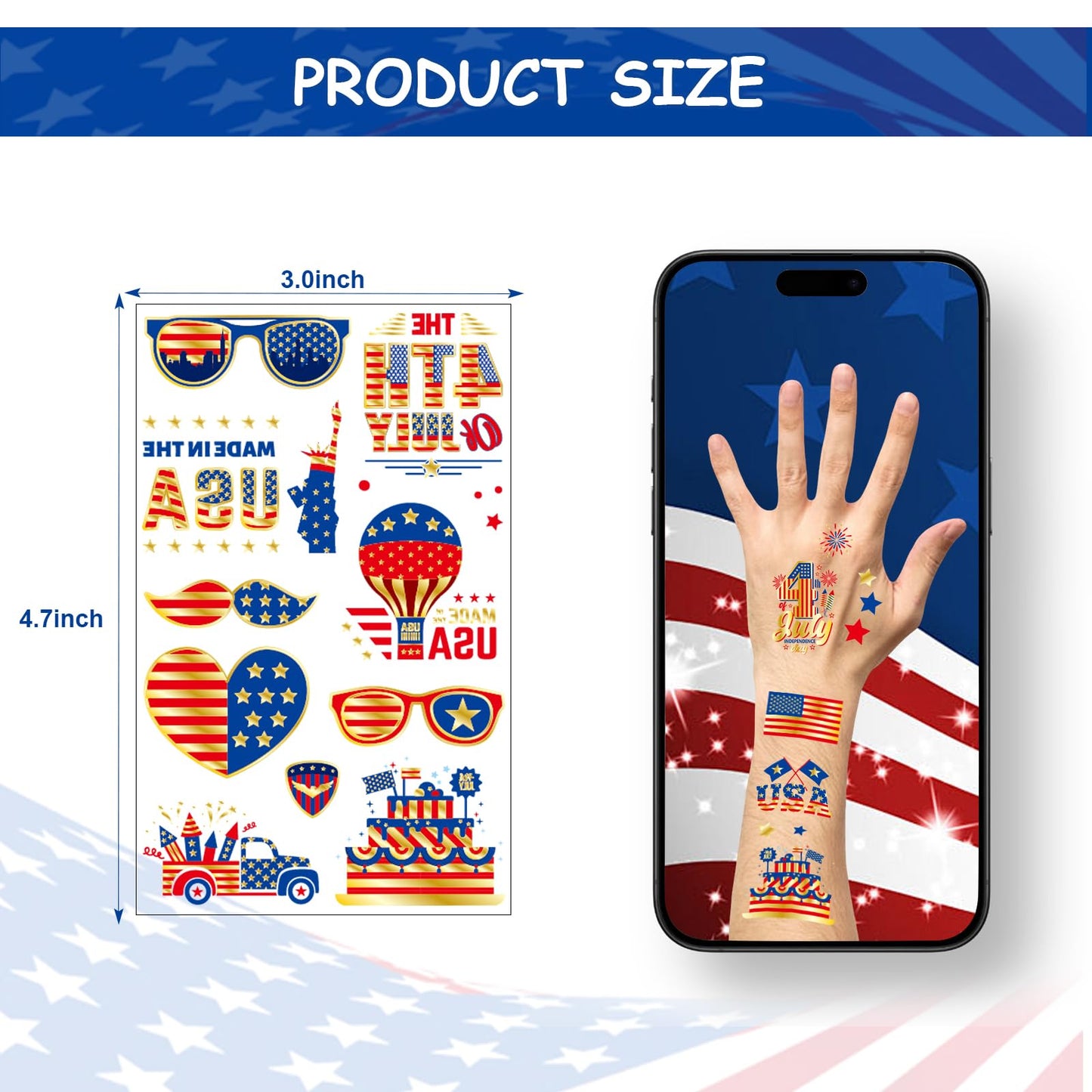 JCFIRE 4th of July Decorations, Temporary Tattoos for Kids Adults, Patriotic Decorations, Fourth of July Accessories, Red White And Blue Party Supplies for Independence Day