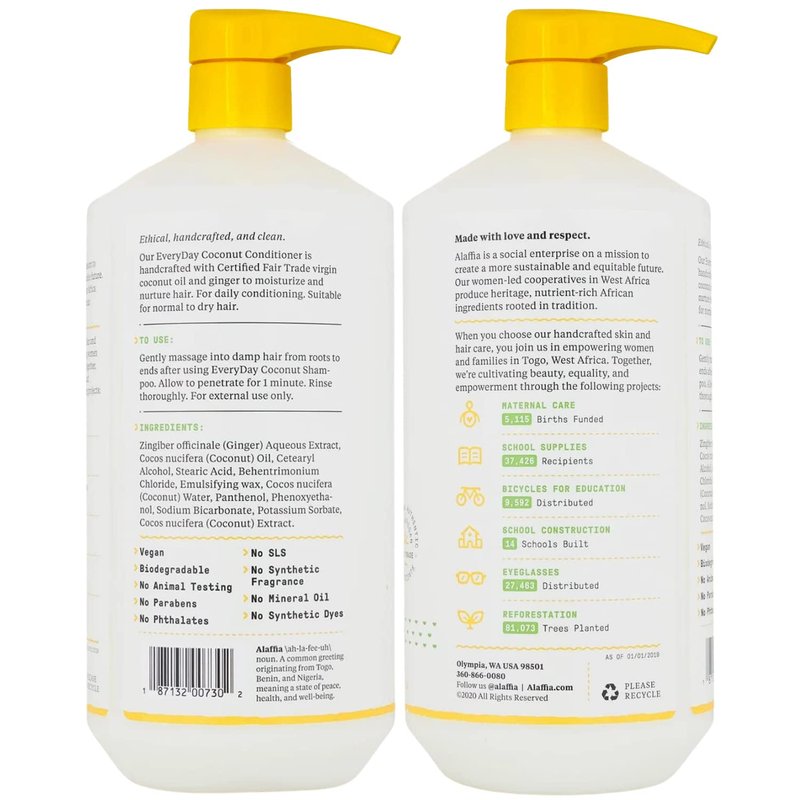 Alaffia Conditioner, EveryDay Coconut 2-Pack – Purely Coconut Hydrating Hair Conditioner, Detangler, Frizz Control, 32 Oz Ea
