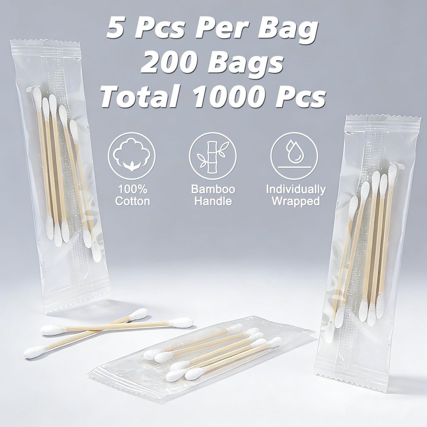 Meanhoo Travel Size Cotton Swabs, 1000 Count (200 Packs of 5), Individually Wrapped Disposable Double Round Tips Soft Cotton Buds for Ear Cleaning, Makeup and Hygiene