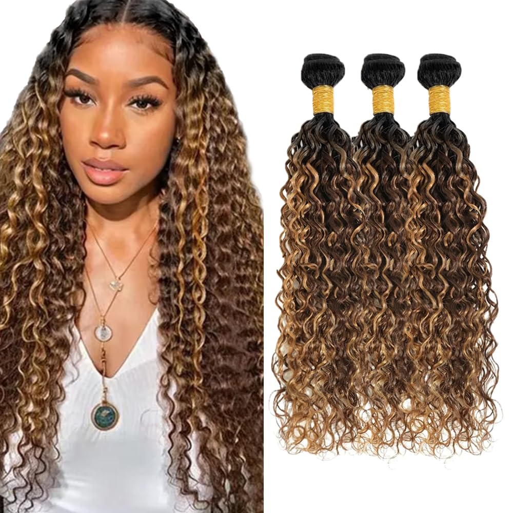 30 32 34 inch P427 Human Hair Bundles Ombre Brown Water Wave Bundles Blonde Wet and Wavy Bundle Double Weft #4 Color