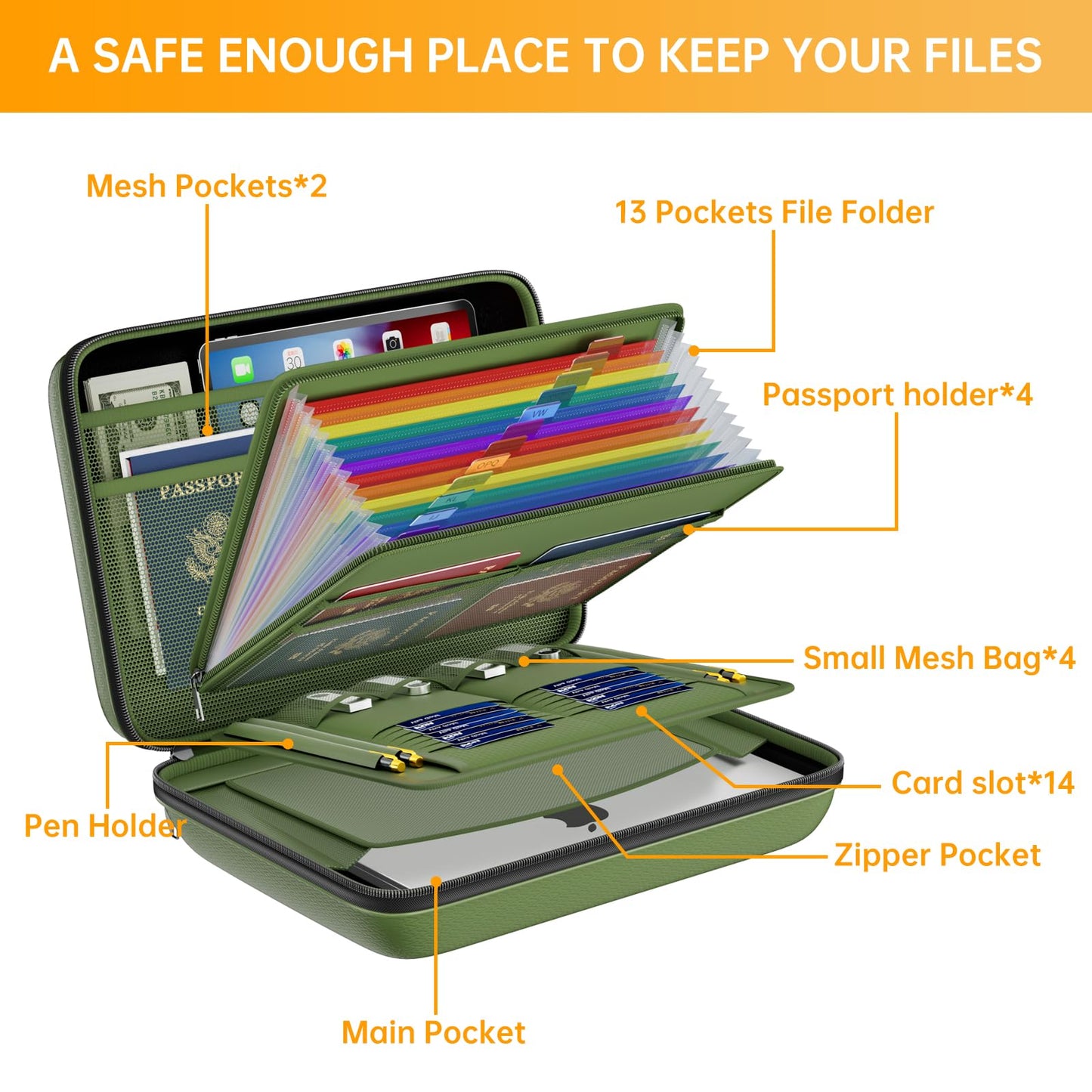 DocSafe Fireproof File Organizer with Lock, Hard-Shell Case Fireproof Document Box with 13 Pocket Accordion File Folder, Portable Home Office Travel Safe Storage for Important Documents Laptop Green
