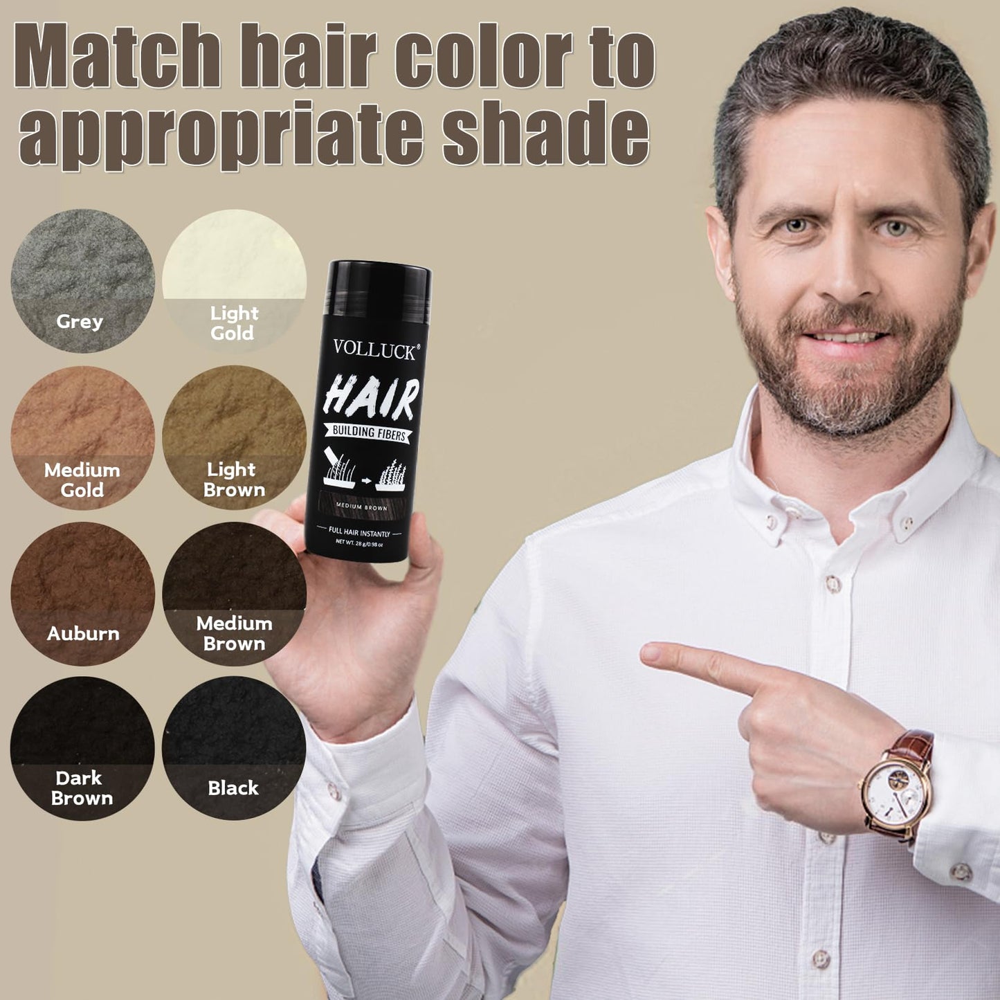 VOLLUCK Hair Fibers for Thinning Hair, Instant Coverage Hair Building Fibers for Women and men, Natural Hair Powder for Conceal Hair Loss 28 g (Medium Brown)