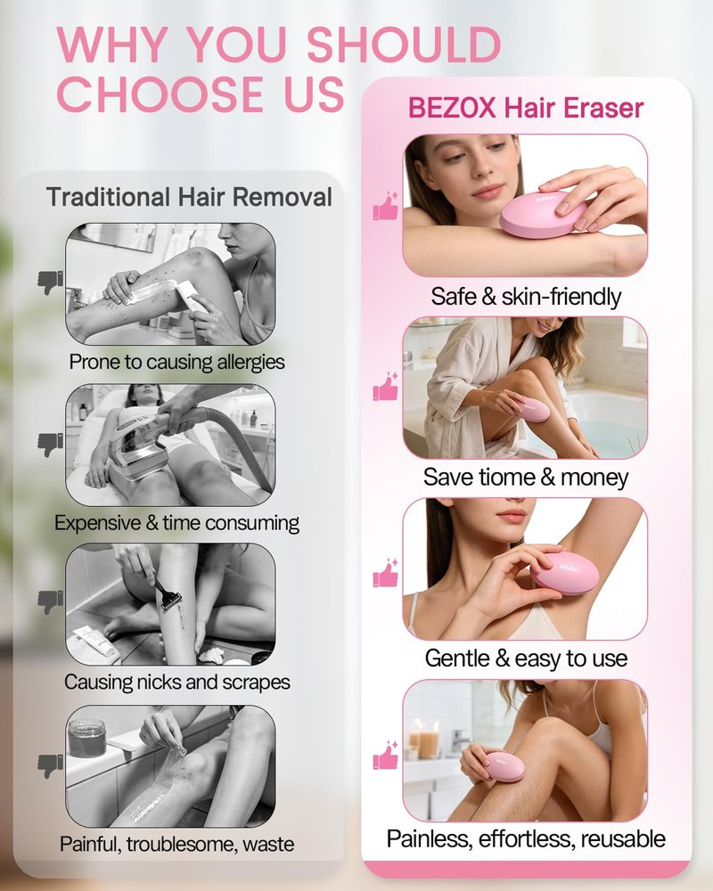 BEZOX Glass Hair Eraser, Magic Crystal Hair Removal Epilator for Full Body, Innovative Glass Body Hair Shaver for Travel, Gentle Exfoliation for Bikini, Legs, Arms, and Back - Pink