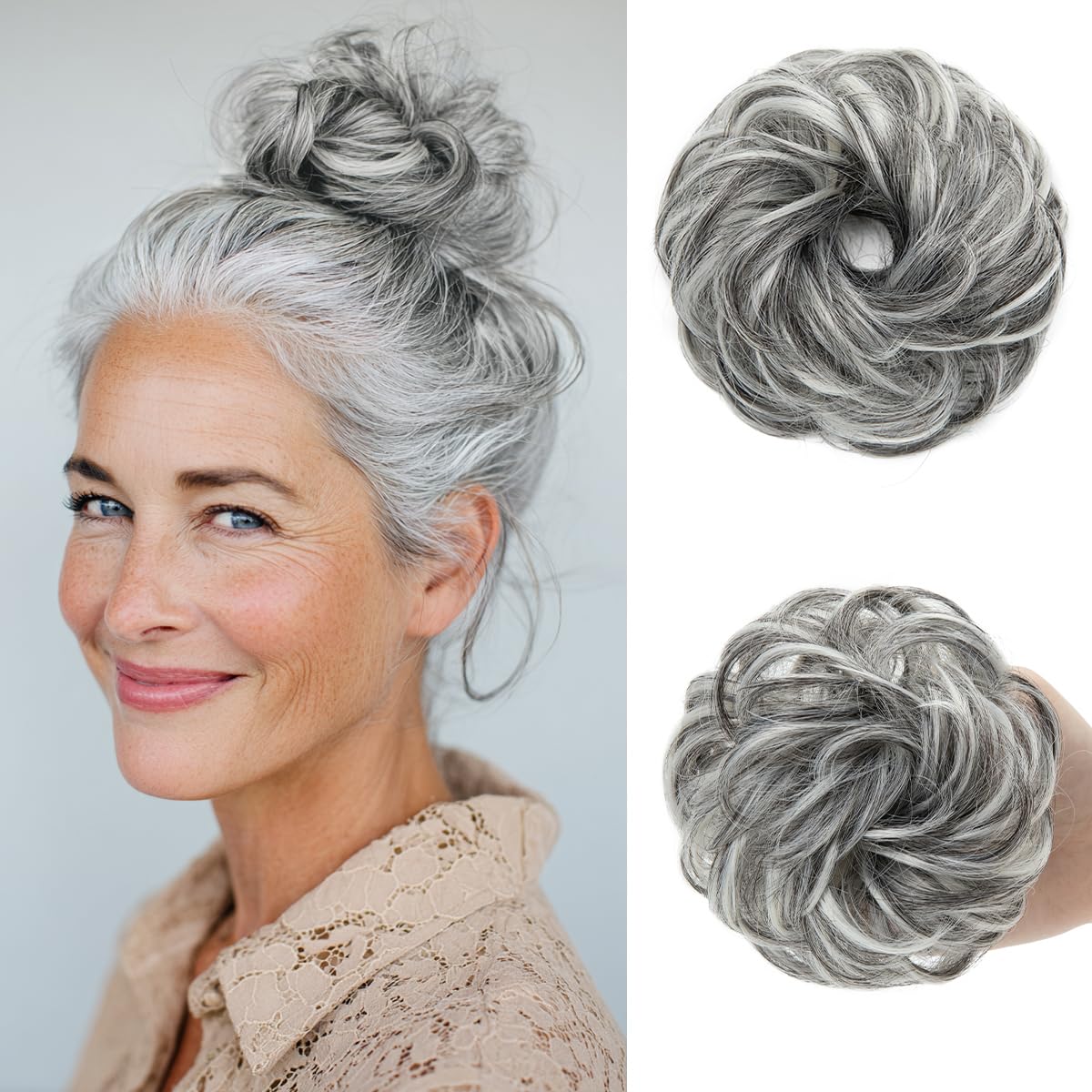 Small Messy Bun Hair Pieces for Women - Synthetic Curly Mini Scrunchies | 2PCs Dark Grey