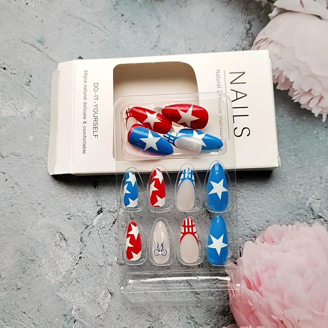 24Pcs Independence Day Press on Nails Medium Almond ZIFANHU July 4th Fake Nails Red Blue False Nails with Star Bow Design French Glossy Acrylic Nail Reusable Full Cover Nude Stick on Nail for Women
