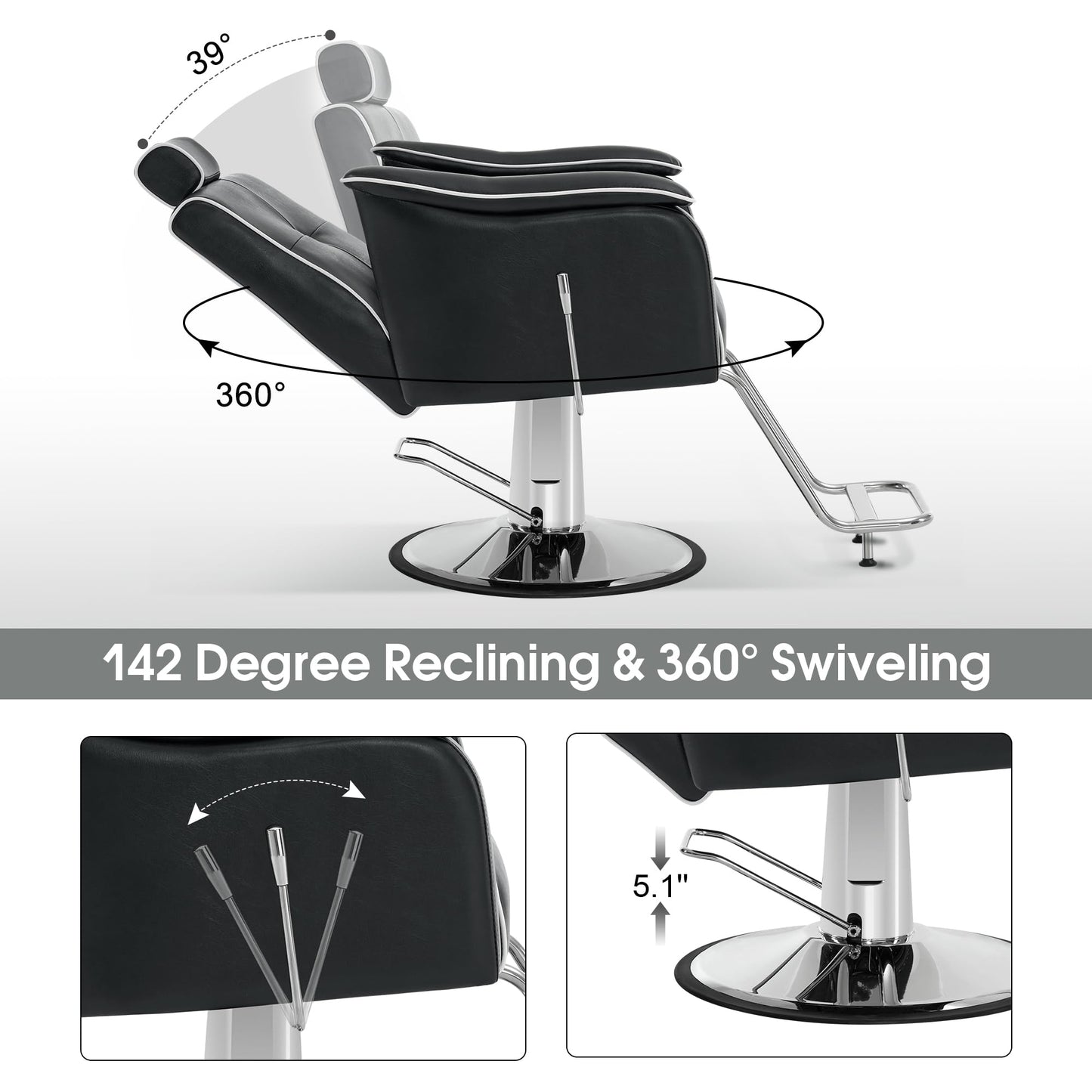 BarberPub Reclining Barber Chair with 440 Lbs Heavy Duty Hydraulic Pump, All Purpose Hair Styling Swivel for Home, Shampoo Salon Spa and Barbershop 9182 (Black)