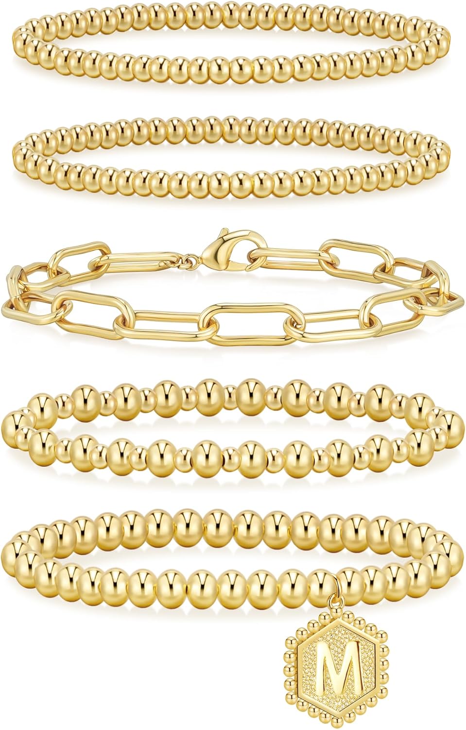 Gold Bracelets for Women - Waterproof 14K Gold Plated Beaded Strand Adjustable Jewelry Set | Perfect Gift
