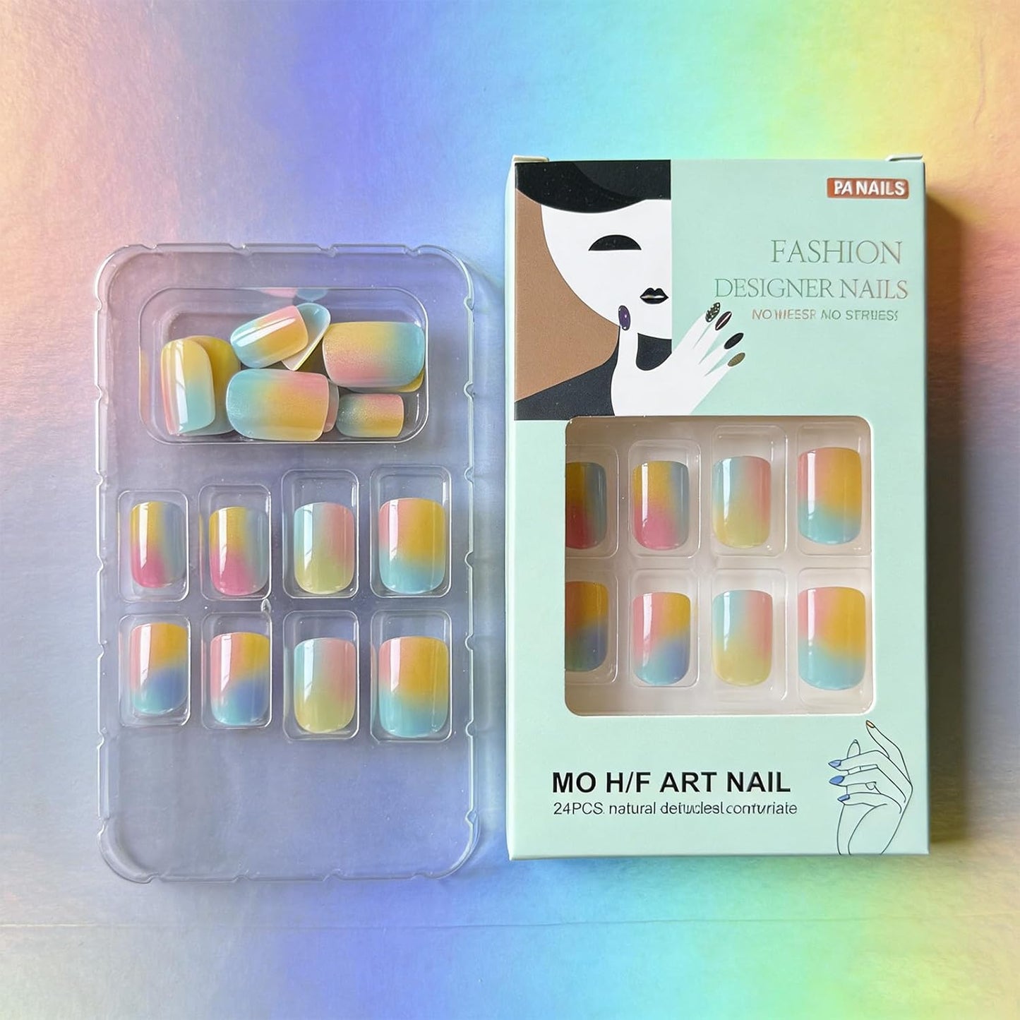 Gradient Colorful Press-On Nails - Short Square Glitter Fake Nails | Reusable Candy Color Designs, 24 Pcs