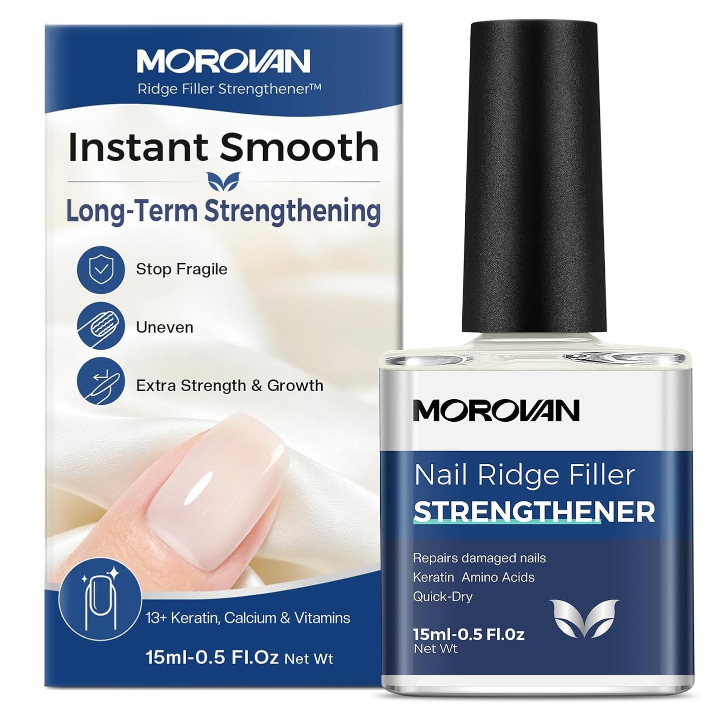 Morovan Nail Strengthener - Keratin Ridge Filler for Thin, Weak Nails | Milky White 15ml