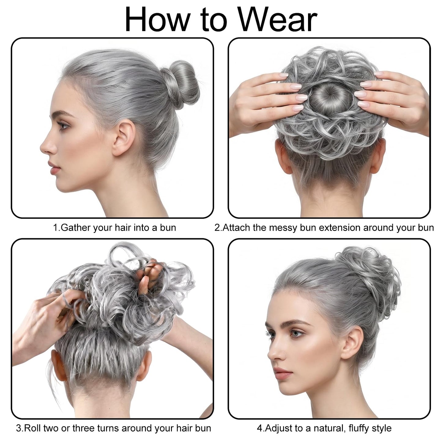 MEEZY Grey White Large Messy Bun Piece Hair Scrunchies for Women, 1.94 Oz Thick Wavy Curly Elastic Hair Bun Ponytail Extensions Synthetic Wigs Hairpieces with Pins for Updo Wedding Cosplay Costume