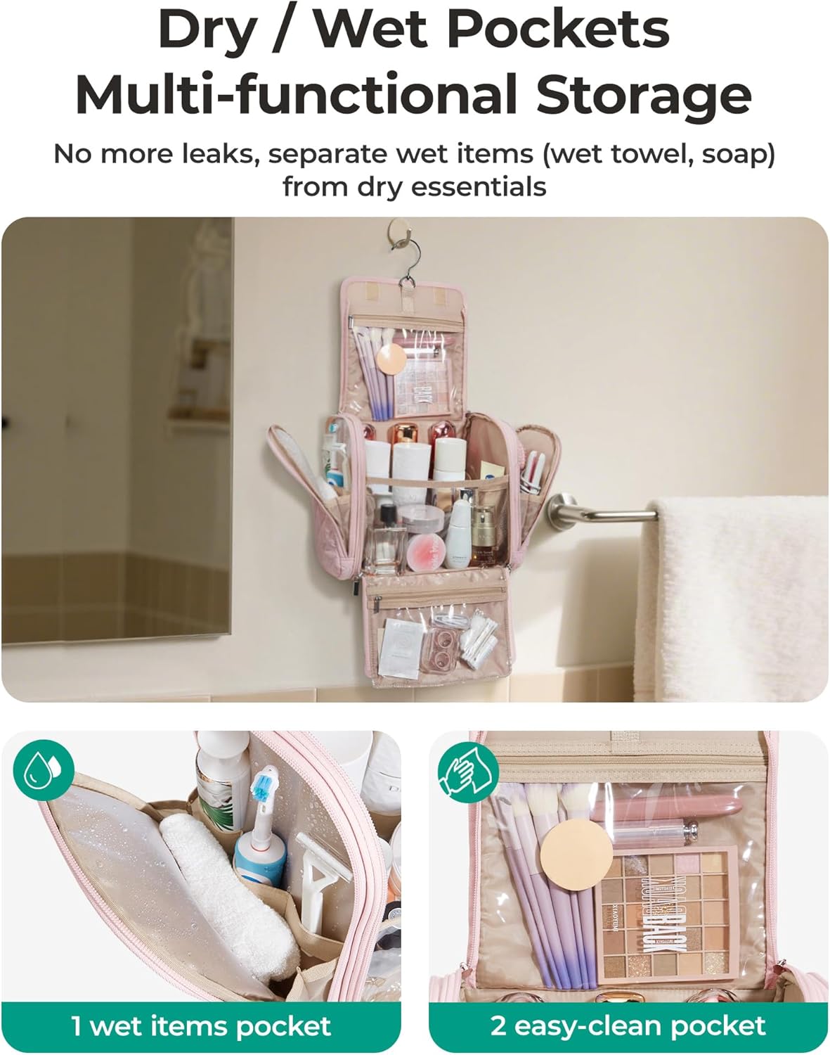 Travel Toiletry Bag - Large Capacity Cosmetic Organizer for Women | Water-Resistant with Hanging Hook & Handle