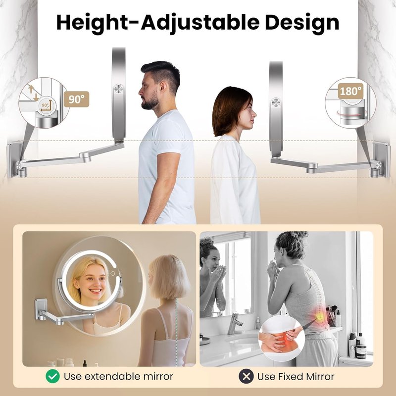 Wall Mounted Makeup Mirror with Lights - 8-Inch 20X/1X Magnification, Rechargeable LED, 360° Swivel & Extendable Arm