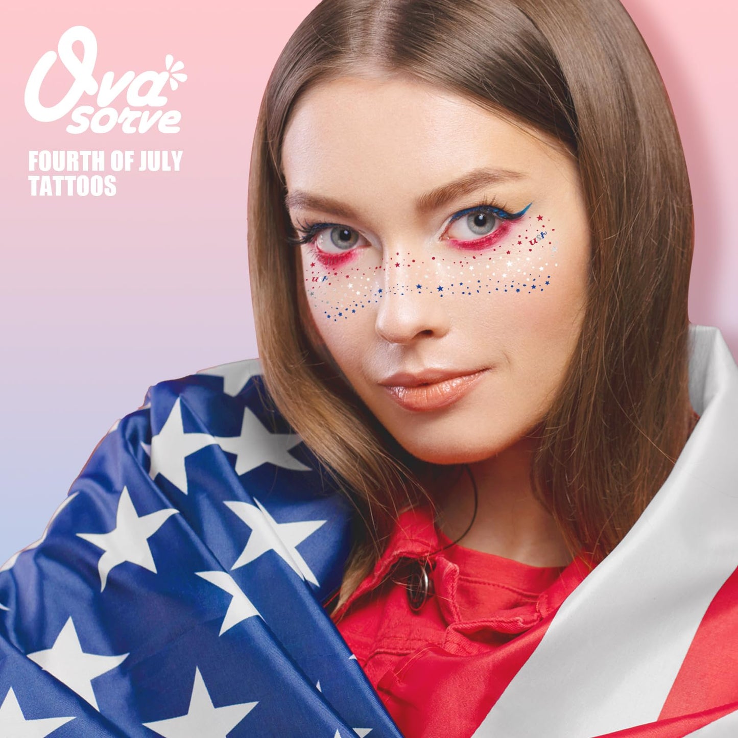 Ovasorve 4th of July Freckles Glitter Stars - Patriotic Face Tattoos with Red White & Blue Sparkles | Waterproof Temporary Tattoos for Independence Day & Everyday Makeup (8 Sheets)