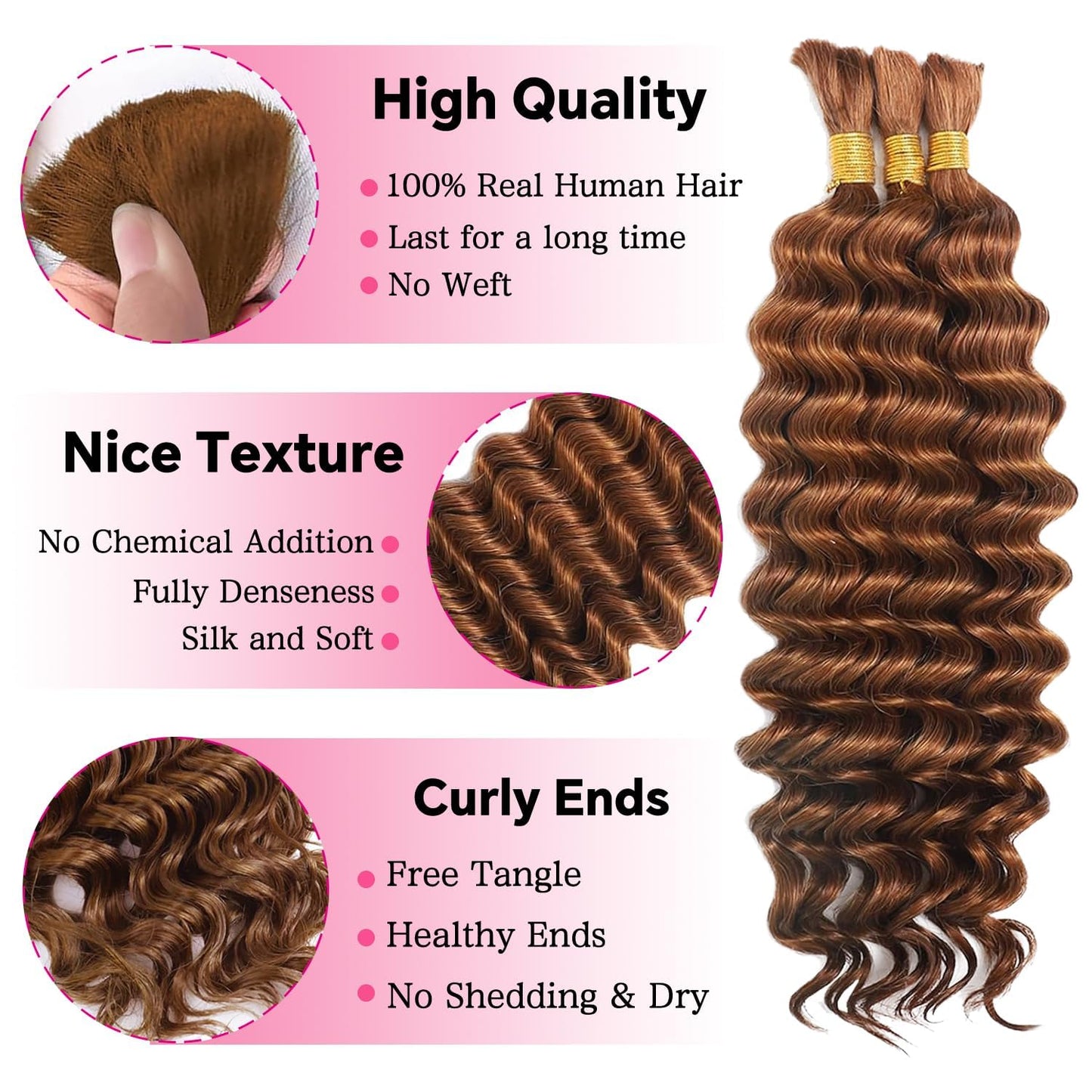 34 34 34 Inch Brown Human Braiding Hair 3 Bundle 150g Deep Wave Bulk No Weft Curly for Boho Braids Wet and Wavy Braiding Hair Extensions