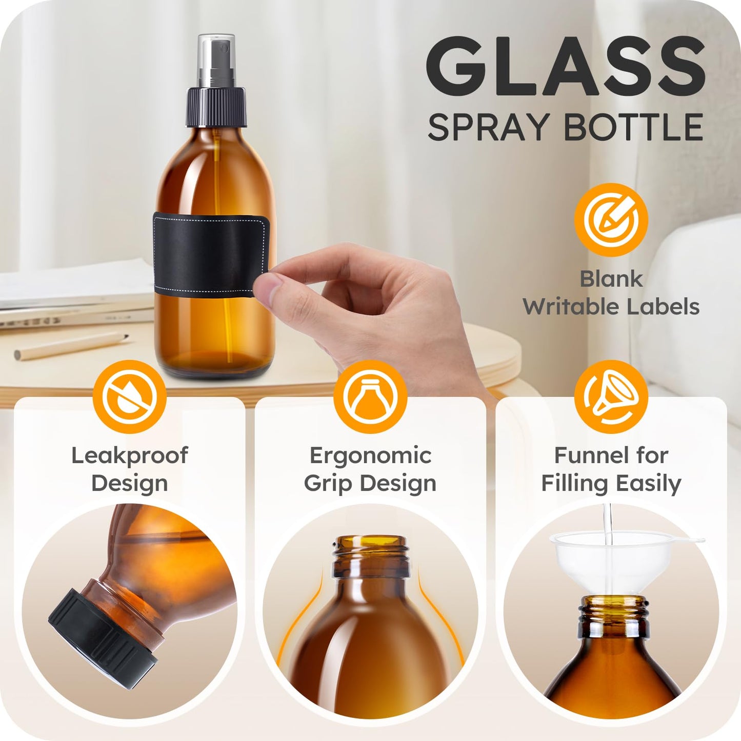 Tecohouse Amber Glass Spray Bottles 8.8 oz, 3 Pack Empty Spray Bottle for Essential Oils, Small Glass Bottles for Cleaning Solutions, Plants, Hair with Durable Nozzle, Labels, Funnel