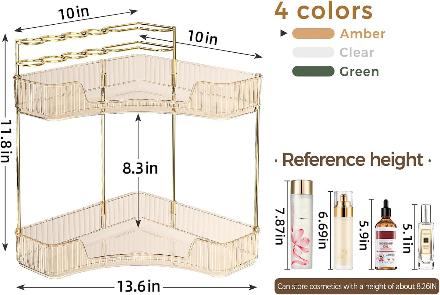 Corner Bathroom Counter Organizer - 2-Tier Makeup & Skincare Storage with Brush Holder | Gold Finish
