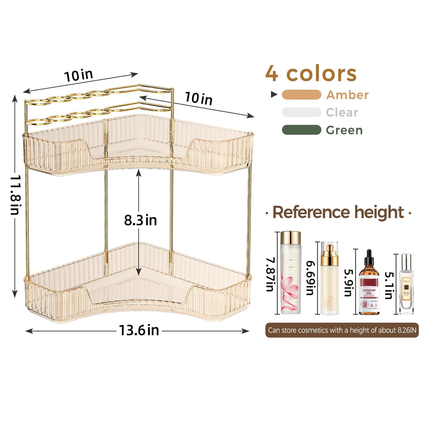 BEFSOP Corner Bathroom Counter Organizer, Upgraded 2-Tier Makeup Organizer Countertop with Makeup Brush Holder, Skincare Exquisite Vanity Organizers Countertop Bathroom Storage Dresser(GOLD)