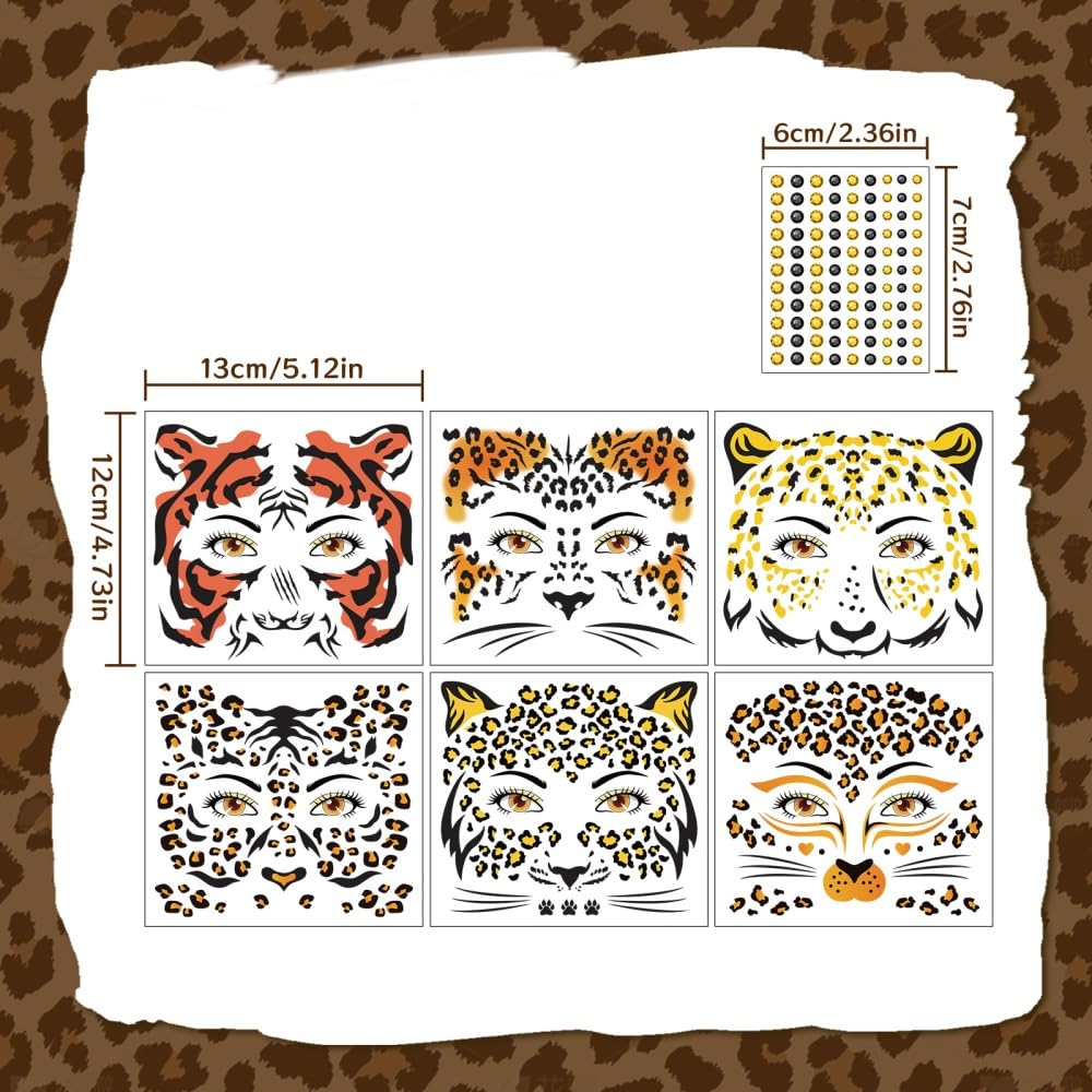 Leopard Print Temporary Tattoos - Realistic Animal Face Stickers | Waterproof Body Art, 6 Sheets