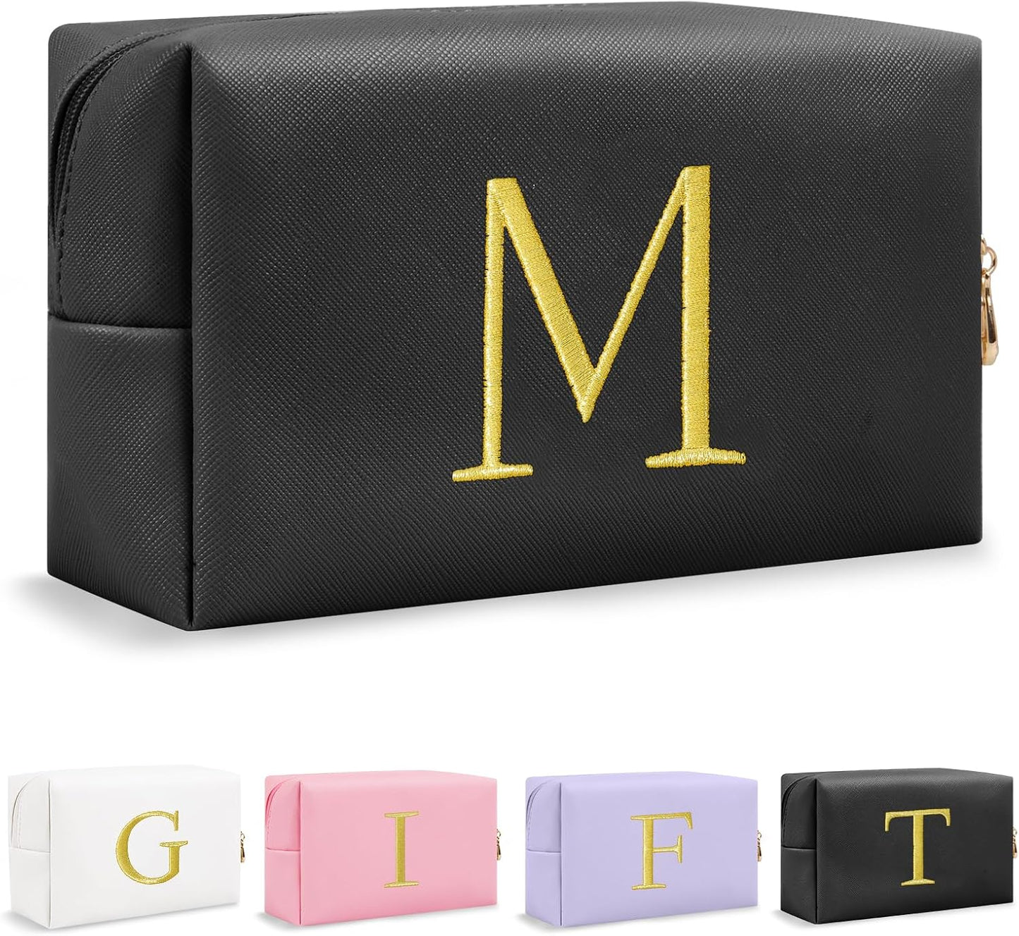 Personalized Initial Makeup Bag - Gold Embroidered Cosmetic Bag for Teens | Custom Travel Toiletry Bag (Black)