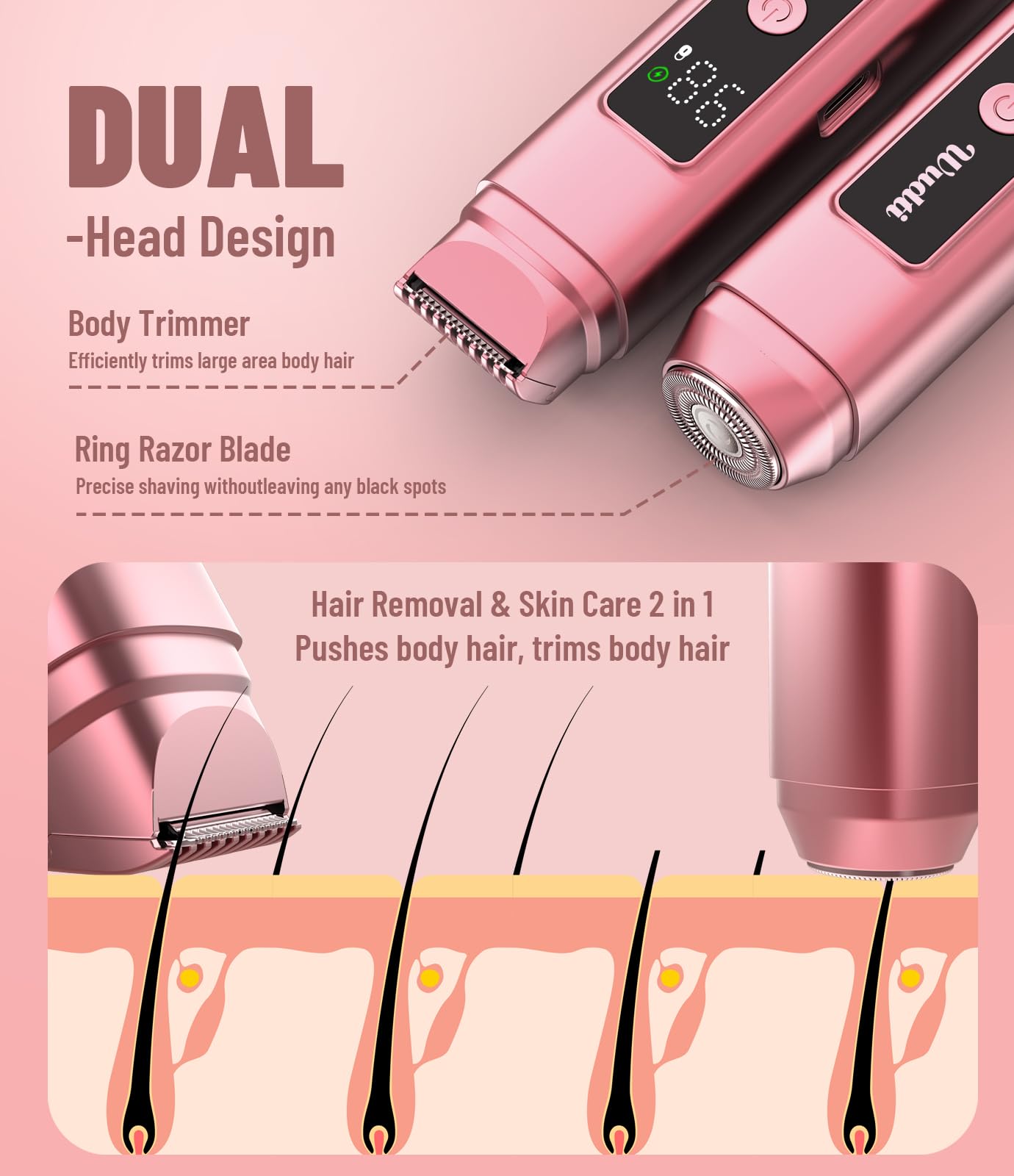 Dual Head Electric Bikini Trimmer for Women: IPX7 Waterproof Lady Shaver with LED Display - Rechargeable Pubic & Body Hair Razor - Rococo Pink