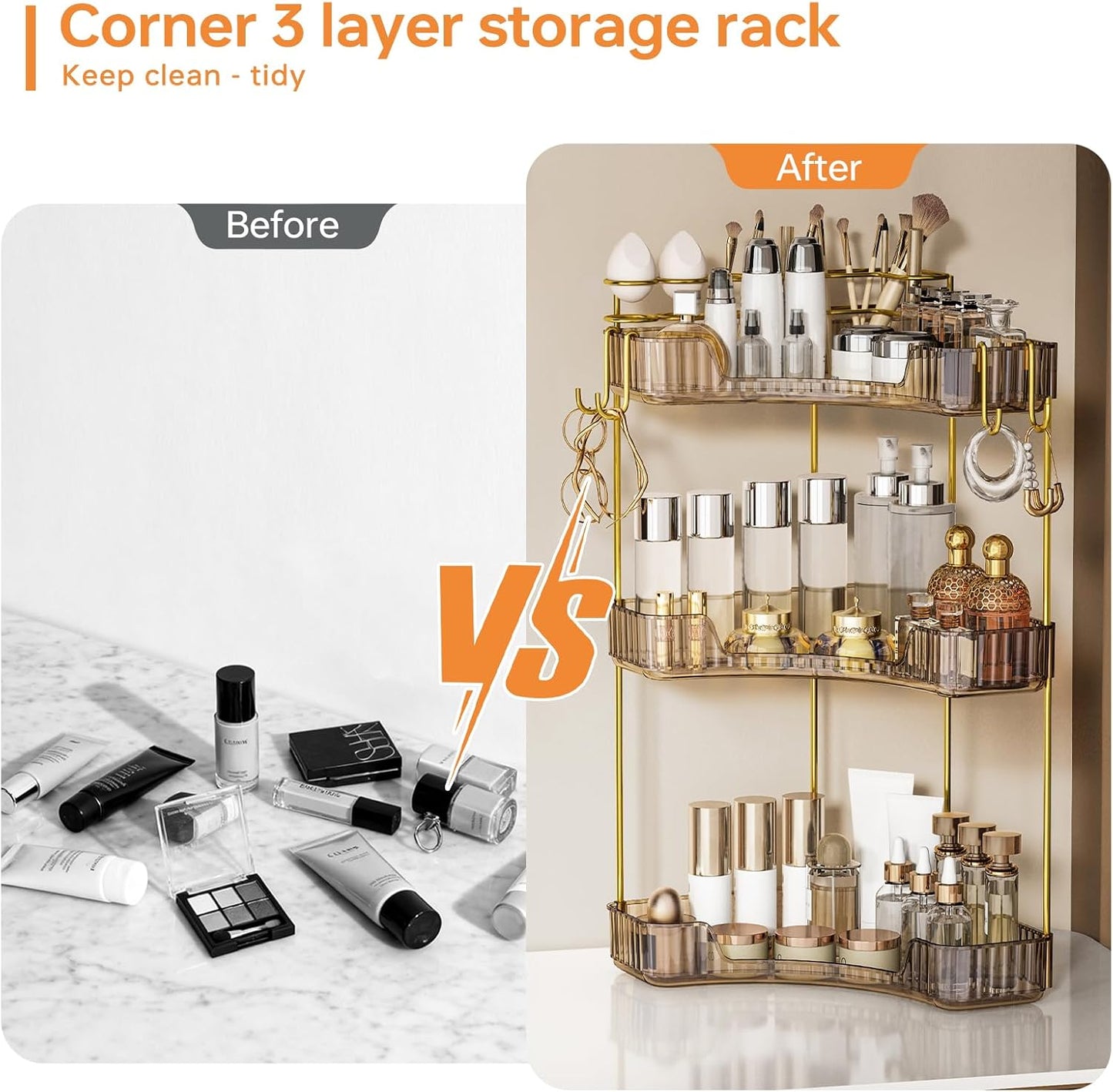 3-Tier Corner Bathroom Organizer - Makeup & Skincare Shelf with Built-in Brush Holder | Space-Saving Amber Design